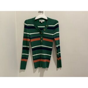 Full Circle Ribbed Striped Henley Sweater Green Orange Navy White Size M